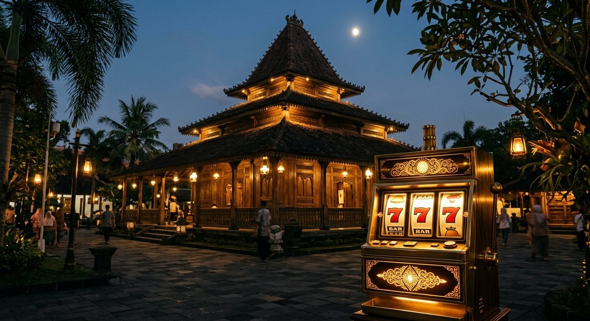 Masjid kayu beratap bertingkat dengan gulungan slot kuningan menyala di halamannya