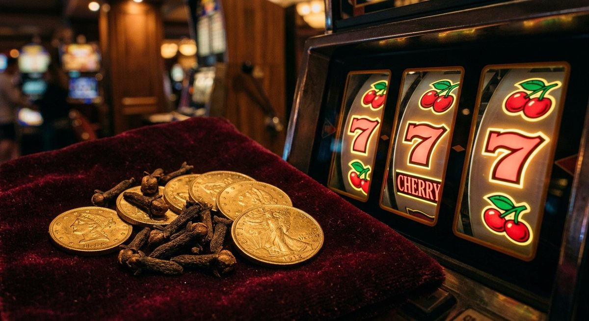 Cengkeh dan koin emas tua di atas kain beludru dekat gulungan mesin slot yang bercahaya