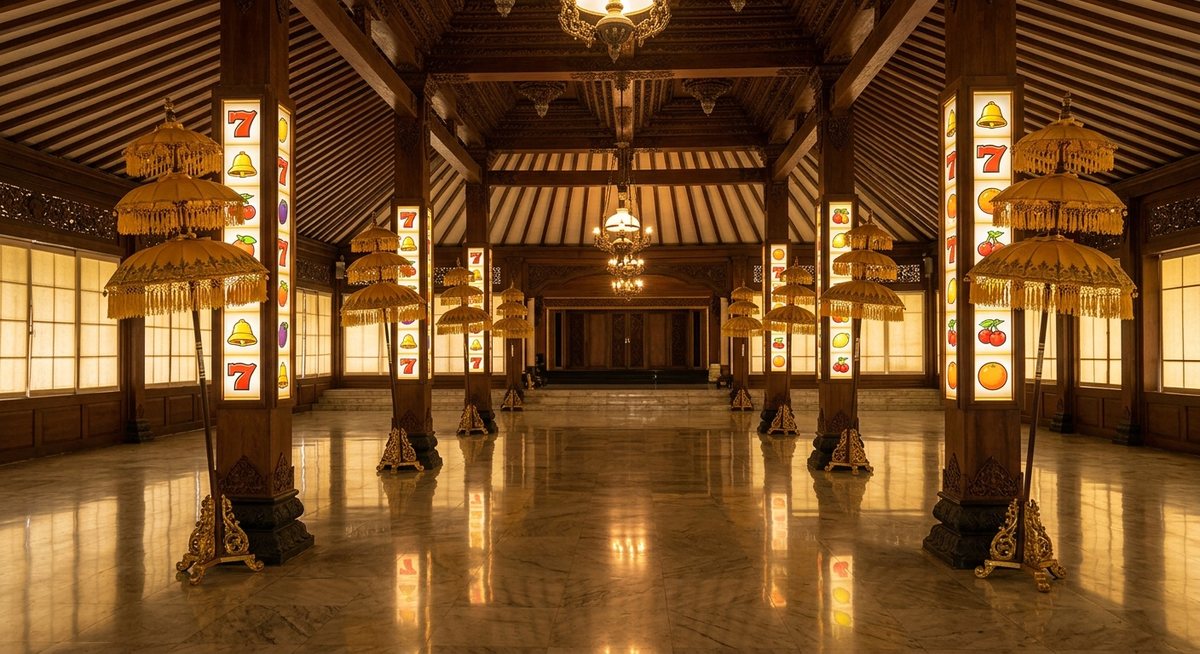 Paviliun kraton bergaya Jawa dengan payung kebesaran emas dan gulungan slot menyala di halamannya